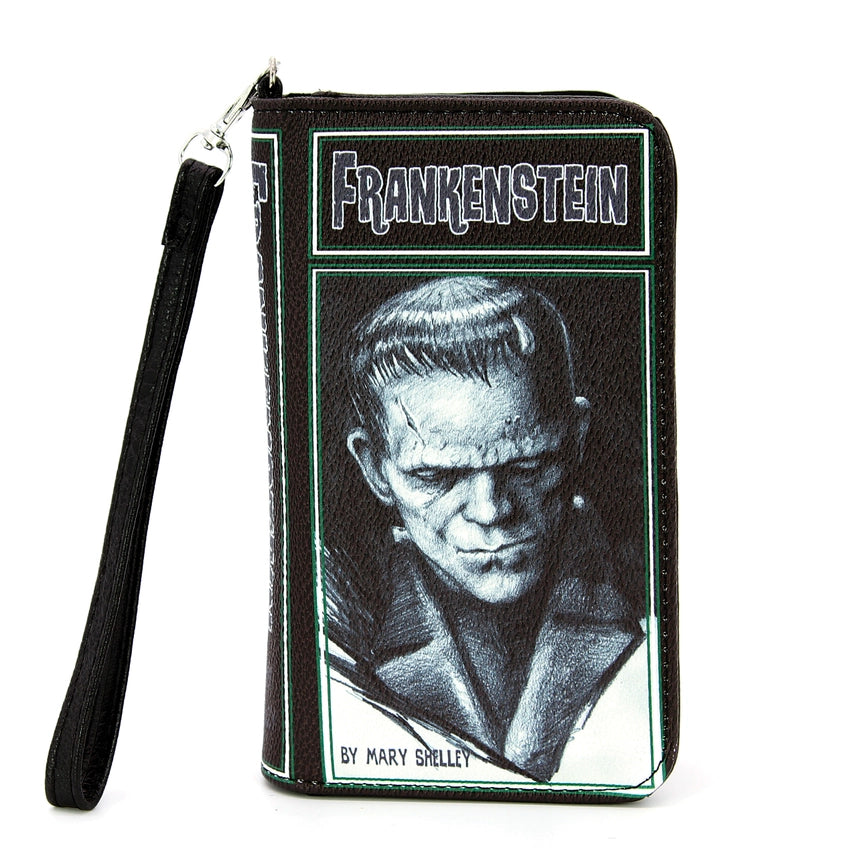 Front view of a long, black wallet with the Frankenstein cover art.