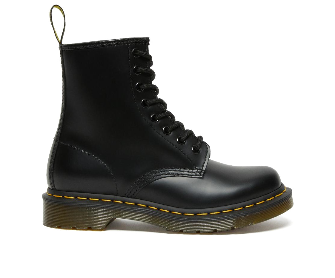 A mid-ankle height, laced, black leather boot.