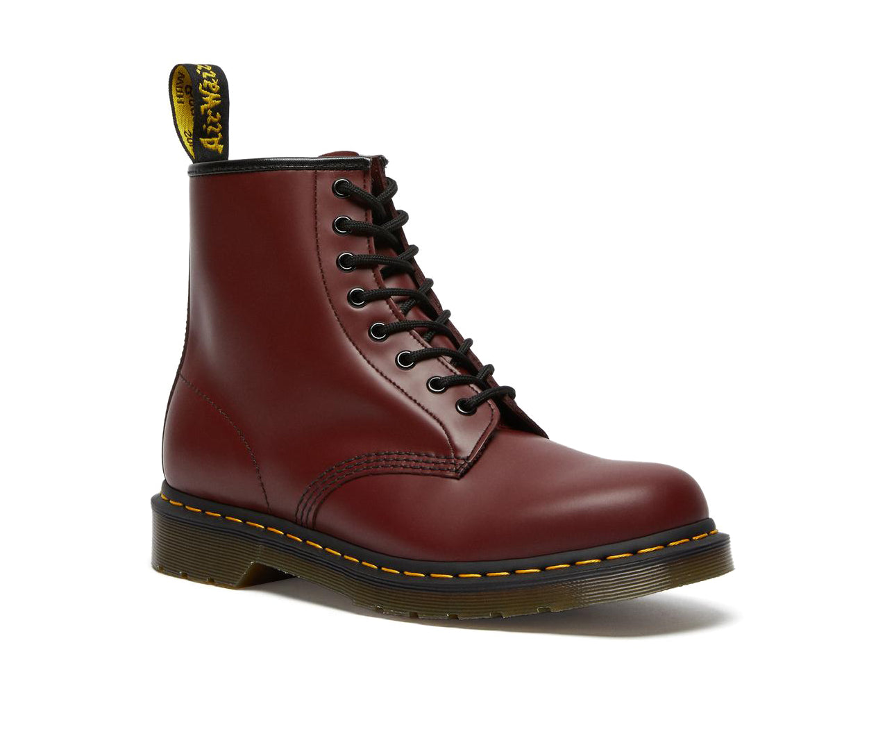 Cherry red ankle-height leather boot from Dr. Martens.