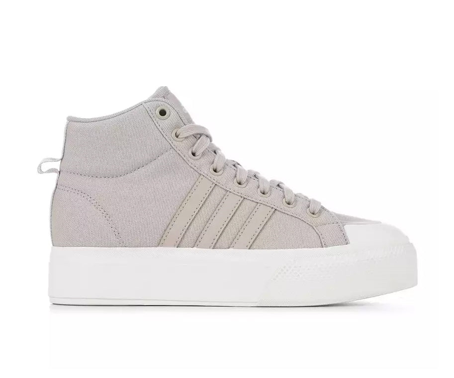 A taupe canvas high-top Adidas sneaker.