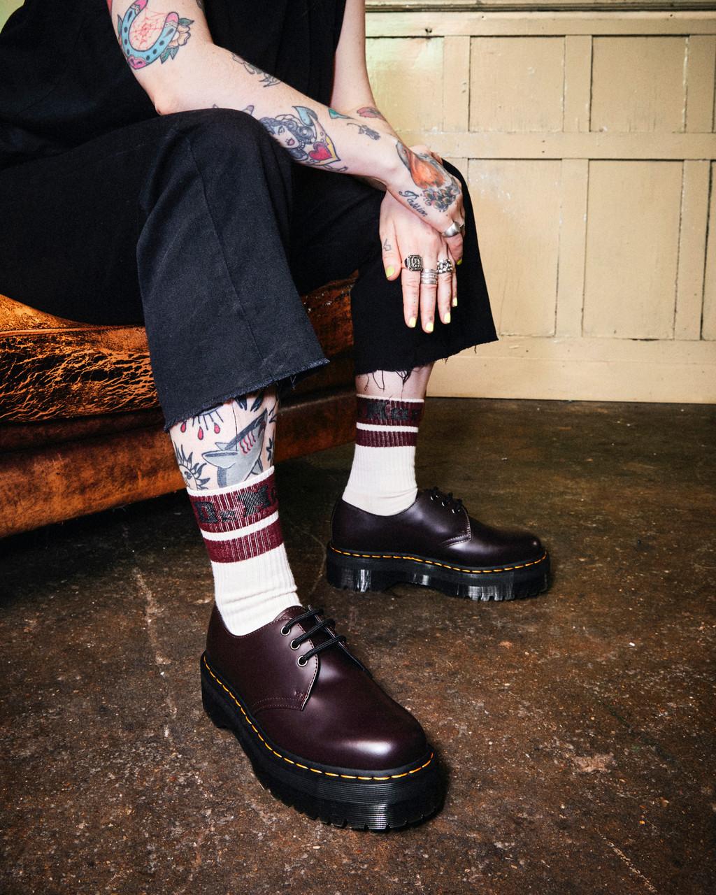 Dr Martens' smooth burgundy leather oxford platform shoe.
