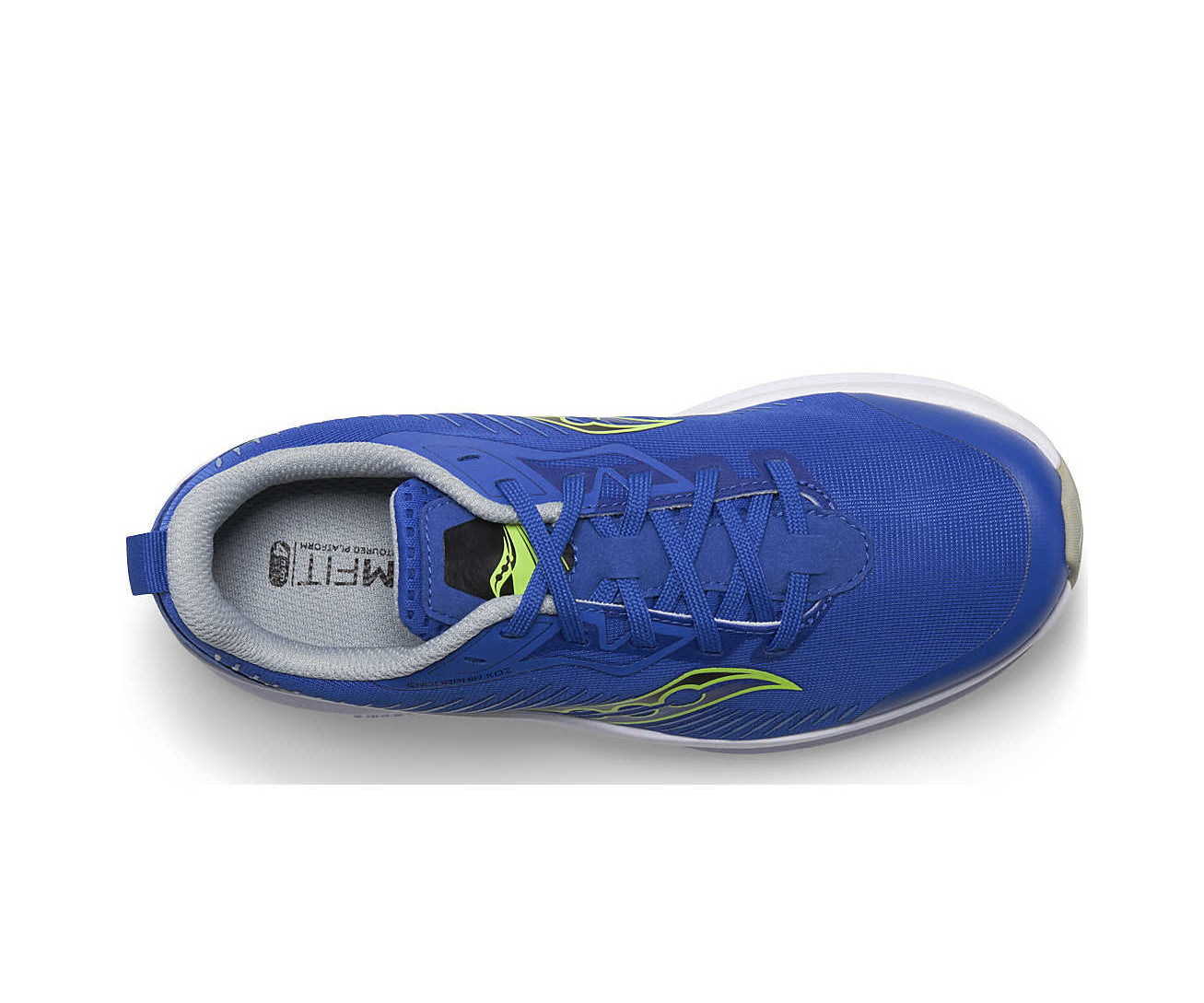 A blue mesh low-cut sneaker with green accents.
