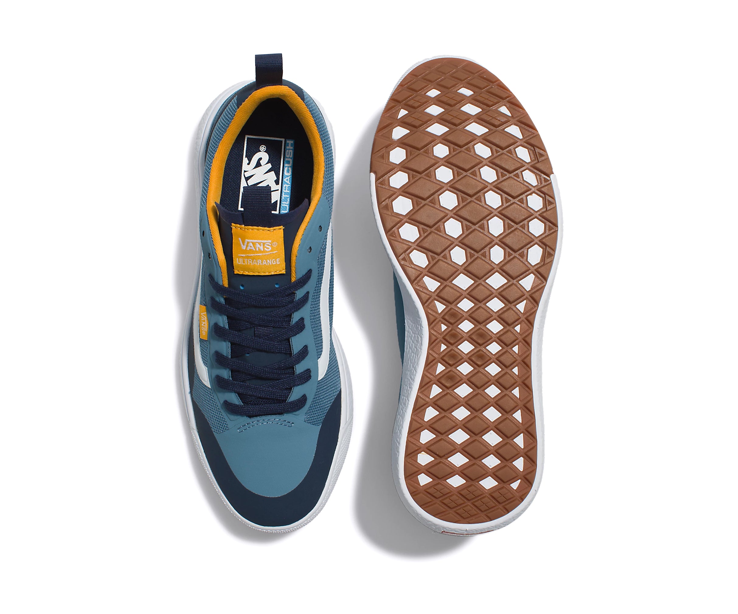 A teal and gold mesh low-top Vans sneaker.