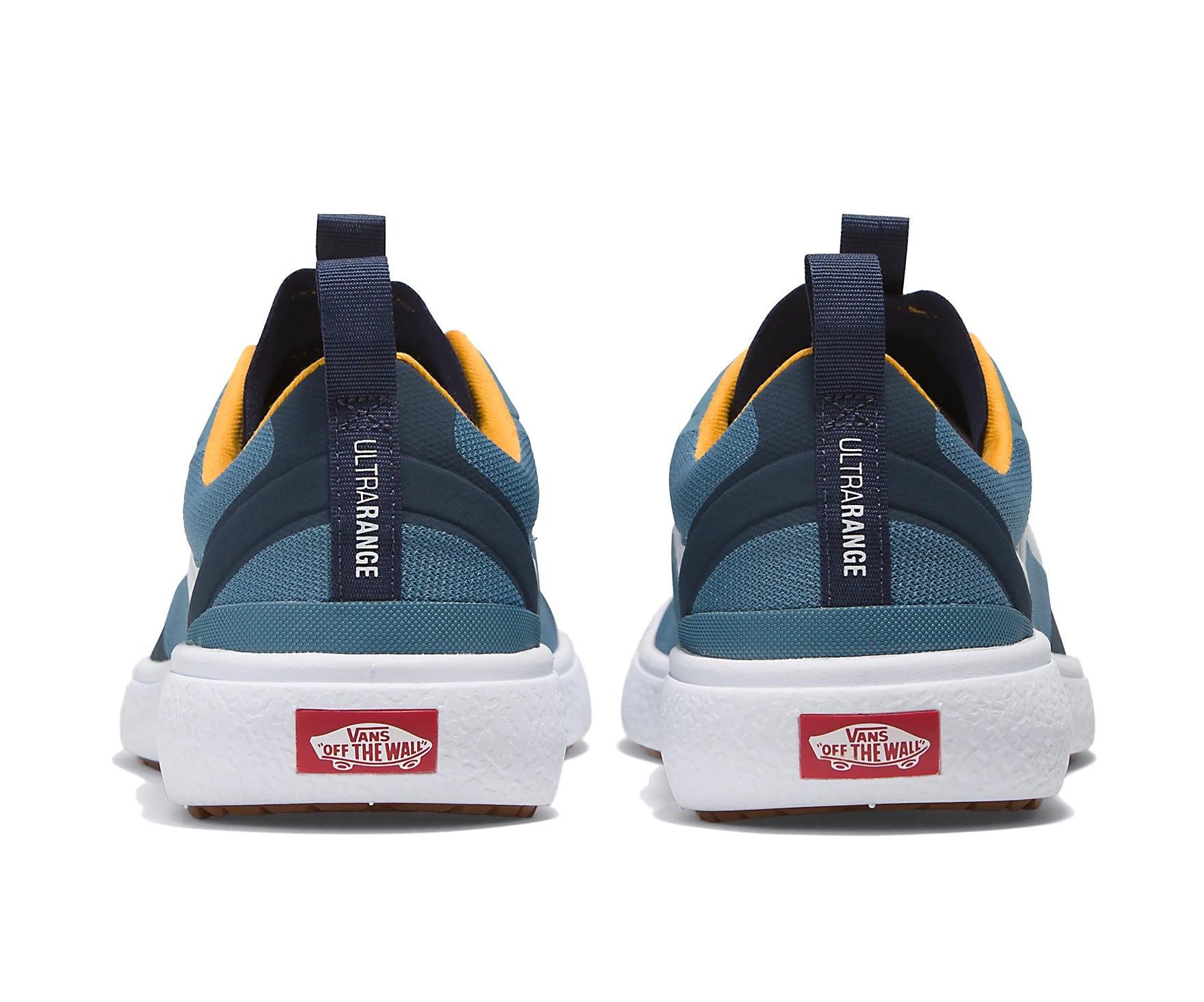 A teal and gold mesh low-top Vans sneaker.