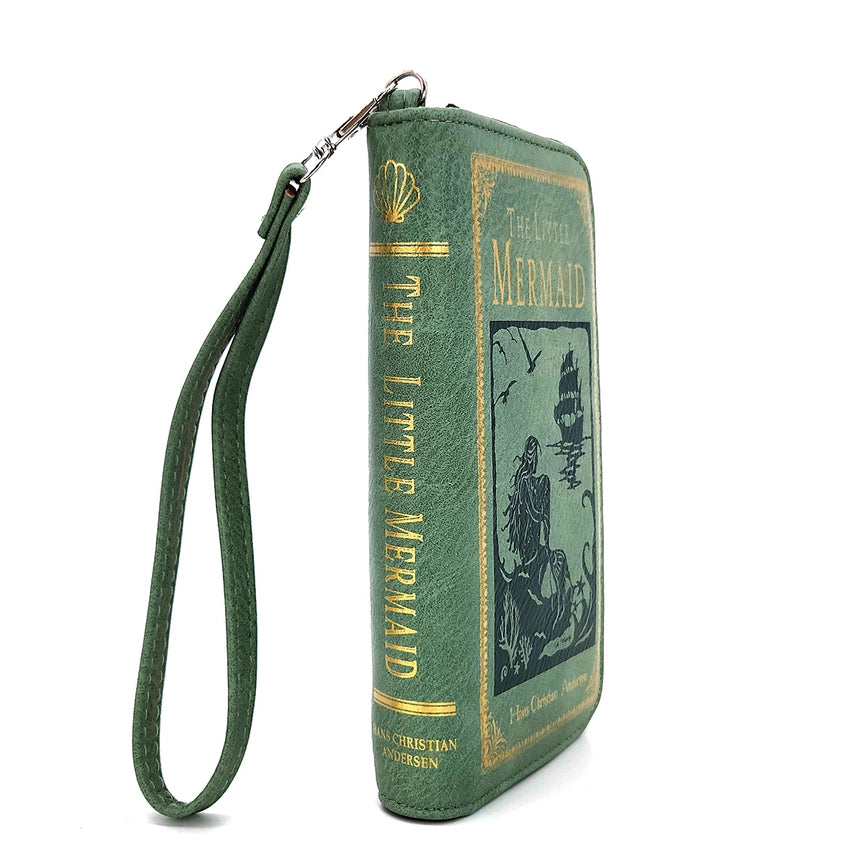 The side and front of a long, green wallet with The Little Mermaid cover art.