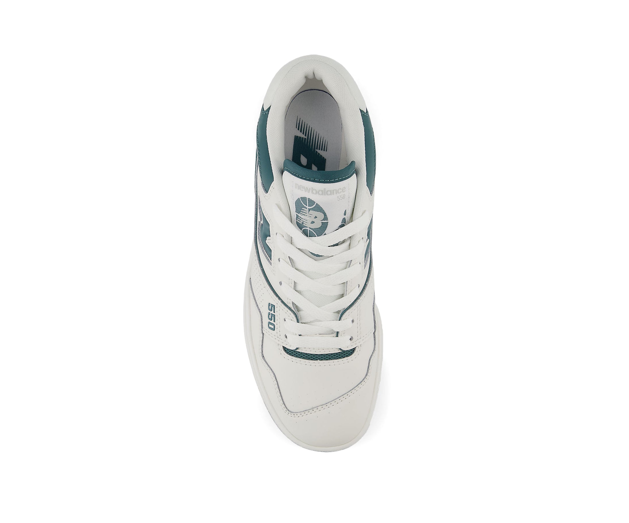 A white and teal leather basketball sneaker from New Balance.