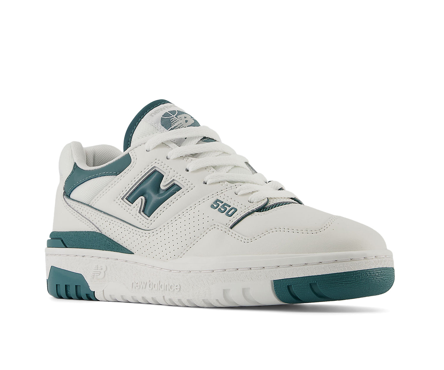 A white and teal leather basketball sneaker from New Balance.