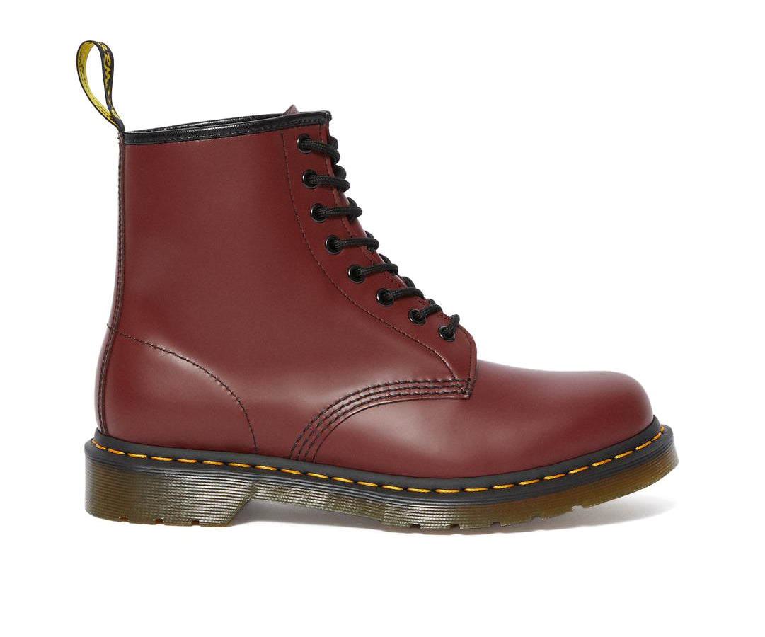 Cherry red ankle-height leather boot from Dr. Martens.