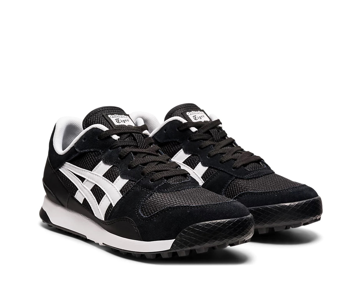 A black mesh and suede Onitsuka Tiger sneaker with white accents.