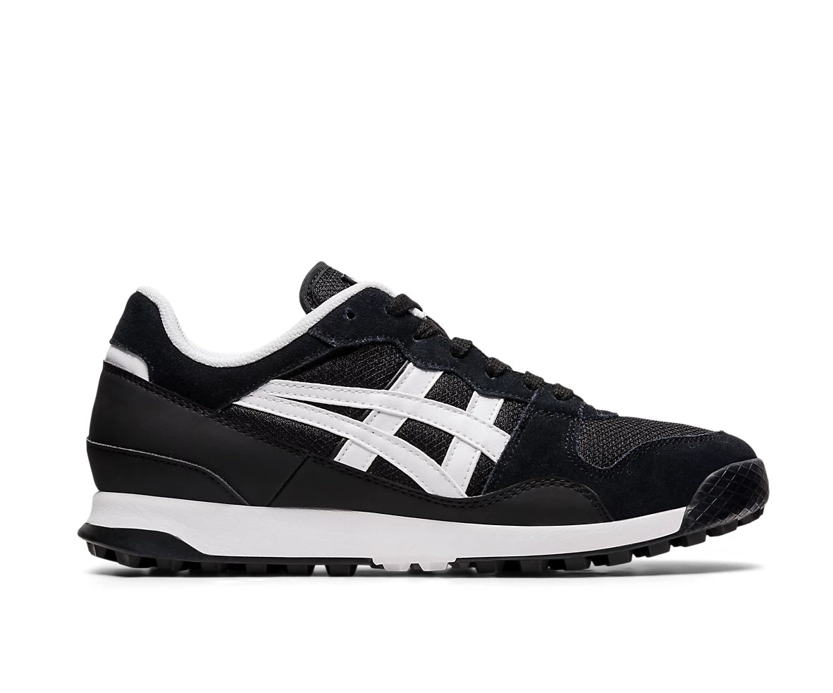 A black mesh and suede Onitsuka Tiger sneaker with white accents.