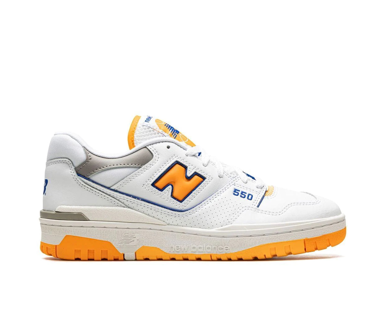 A white leather New Balance basketball shoe with orange and indigo accents.