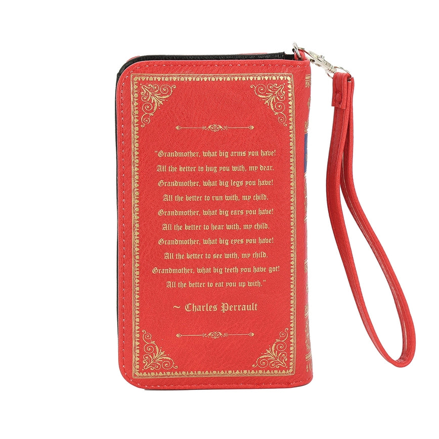Rear of the Little Red Riding Hood wallet with a quote attributed to Charles Perrault. It reads: "Grandmother, what big arms you have! All the better to hug you with, my dear. Grandmother, what big legs you have! All the better to run with, my child. Grandmother, what big ears you have! All the better to hear with, my child. Grandmother, what big eyes you have! All the better to see with, my child. Grandmother, what big teeth you have got! All the better to eat you up with."