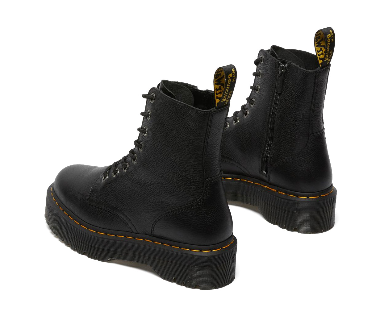A mid-ankle height, laced, black leather platform boot.