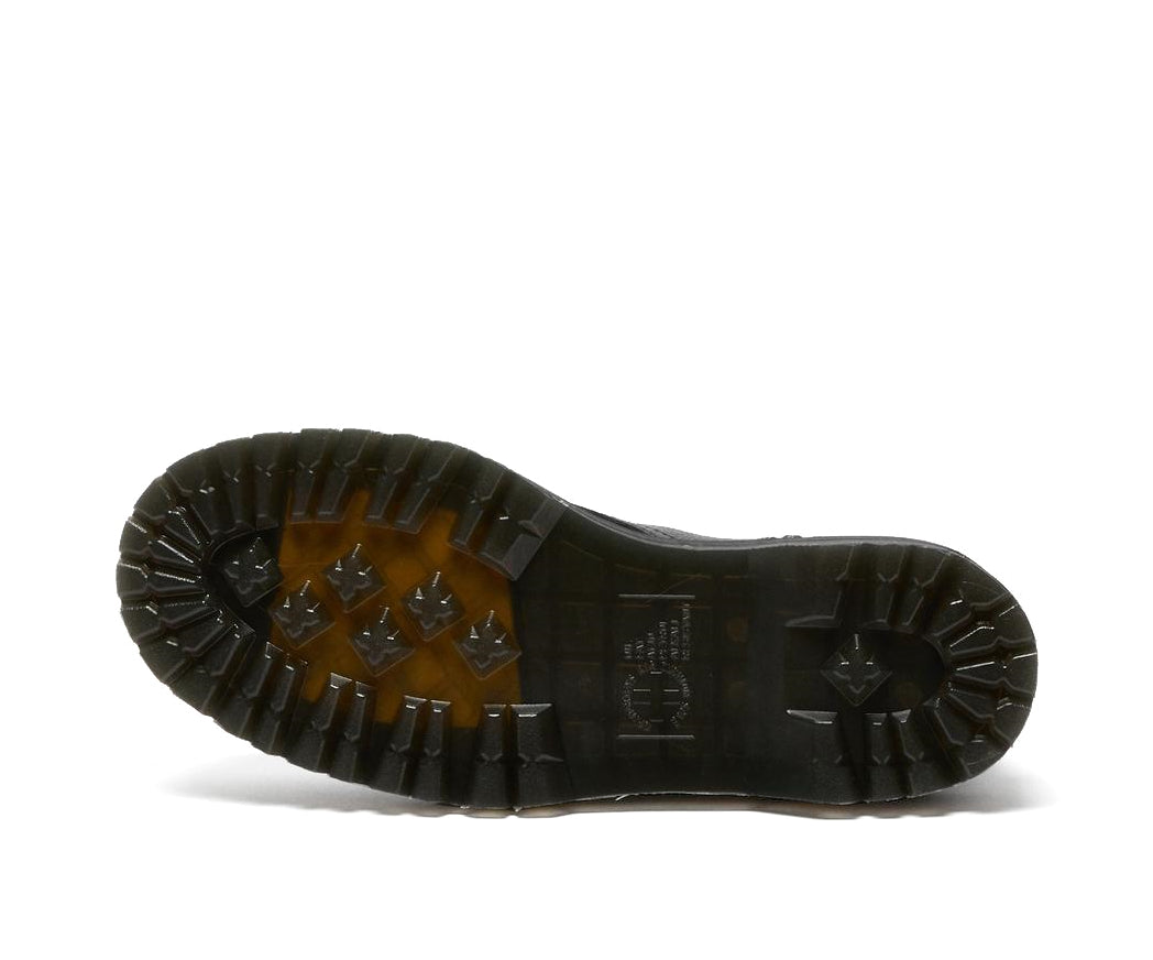 A mid-ankle height, laced, black leather platform boot.