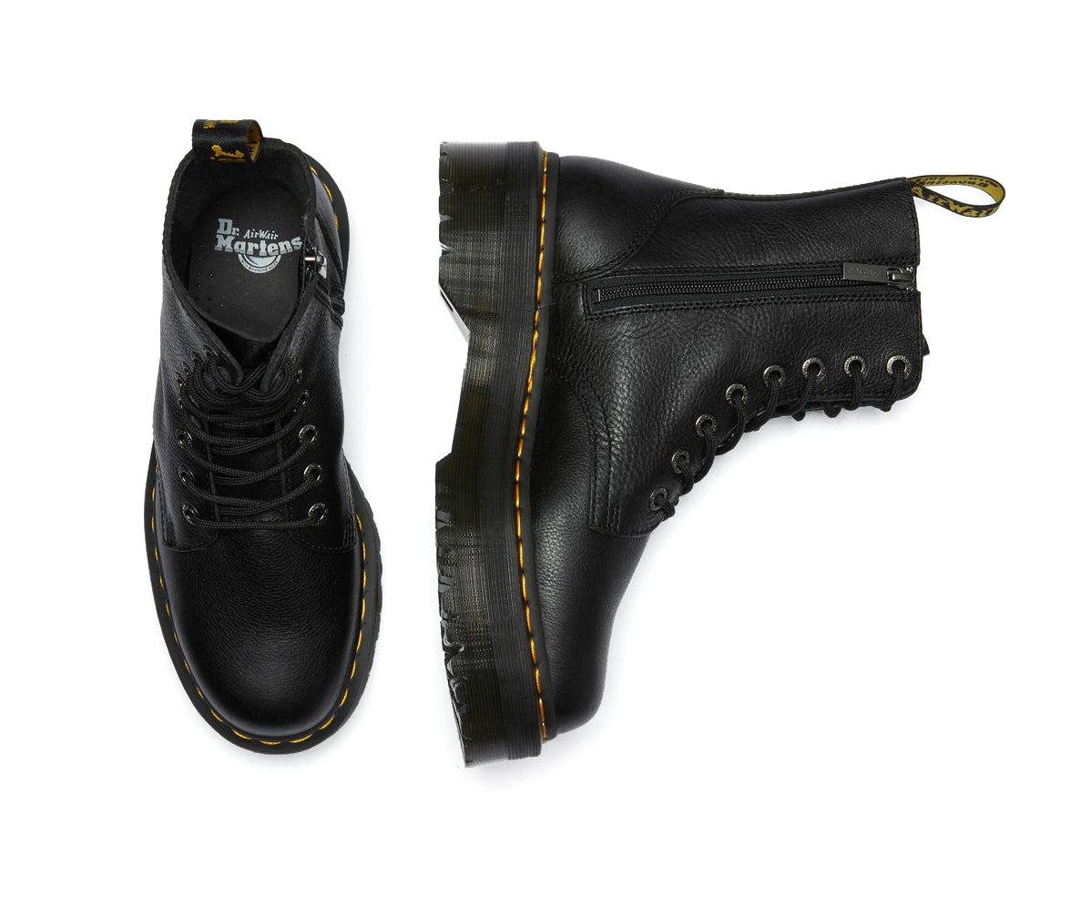 A mid-ankle height, laced, black leather platform boot.