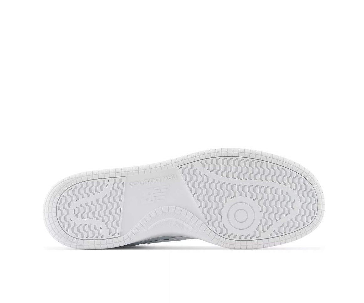 A monochrome white leather high-cut basketball sneaker from New Balance.