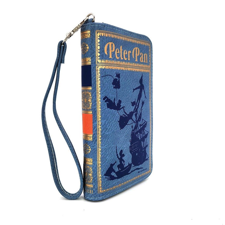 Angled shot of a long, blue wallet with Peter Pan cover art