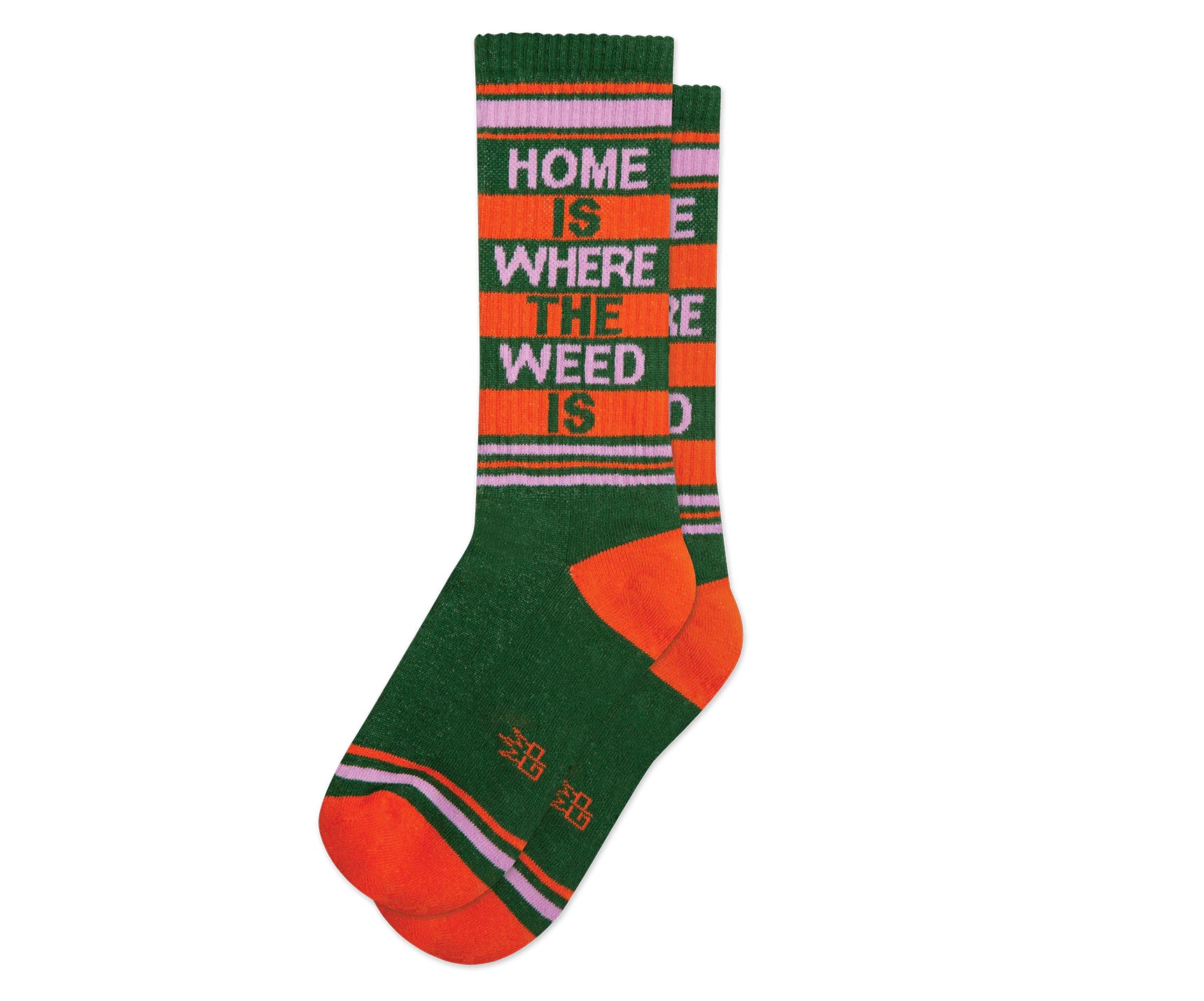 A pair of green, orange, and pink crew socks that read "home is where the weed is" with the Gumball Poodle logo on the arch.