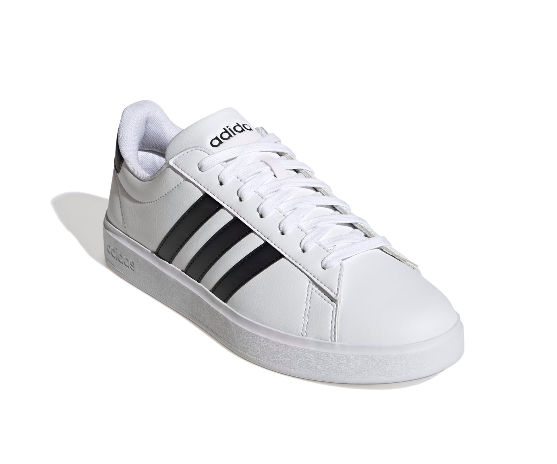 A white recycled faux-leather Adidas sneaker with black accents.