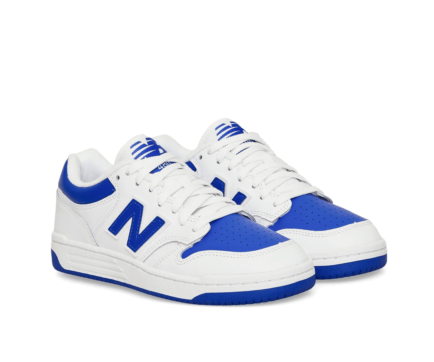 A white leather New Balance basketball shoe with cobalt blue accents.