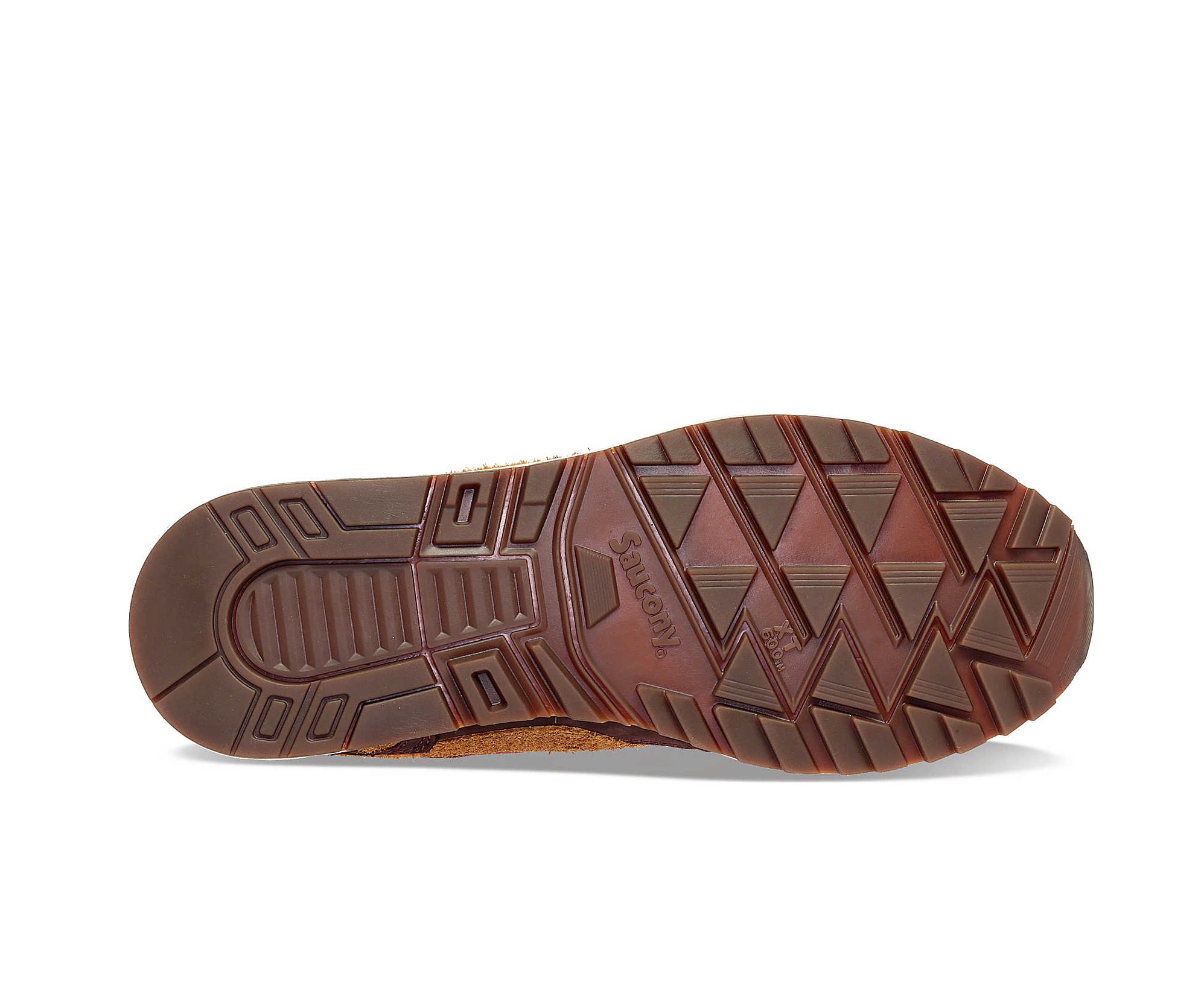 A suede low-cut Saucony sneaker in various shades of rich brown.