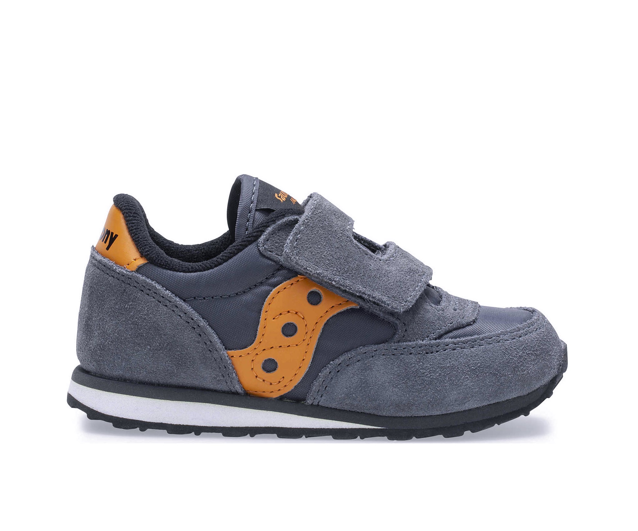 A steel blue suede and mesh low-cut Saucony sneaker with orange accents.