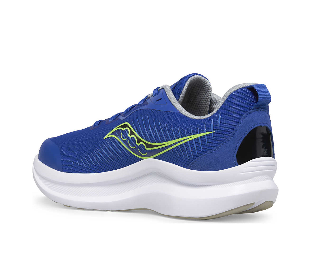 A blue mesh low-cut sneaker with green accents.
