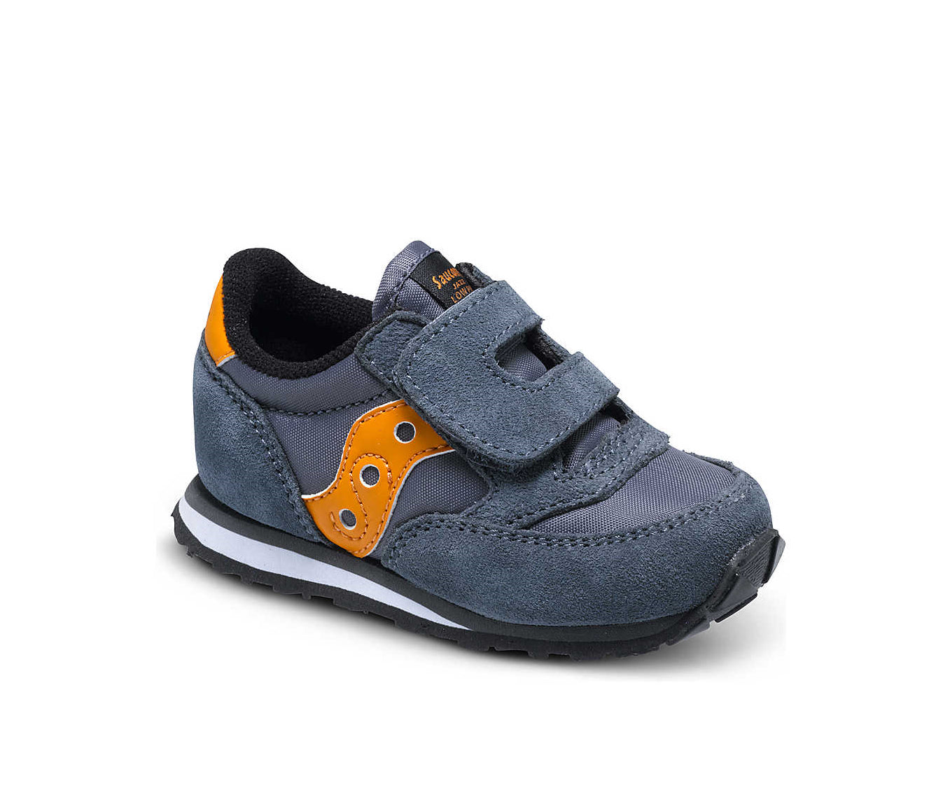 A steel blue suede and mesh low-cut Saucony sneaker with orange accents.