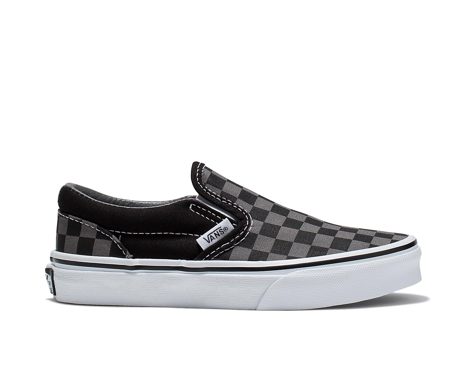 A checkerboard black and pewter canvas kids' slip-on shoe.