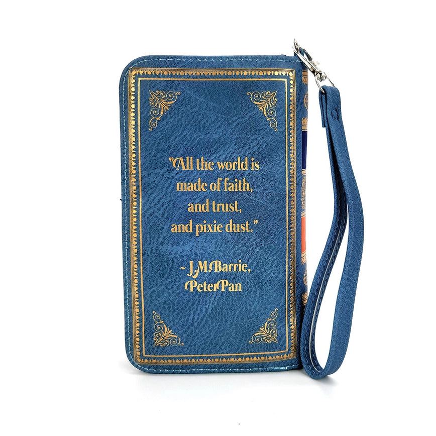 Back shot of a long, blue wallet with a quote from Peter Pan by J.M. Barrie that reads "All the world is made of faith, and trust, and pixie dust."