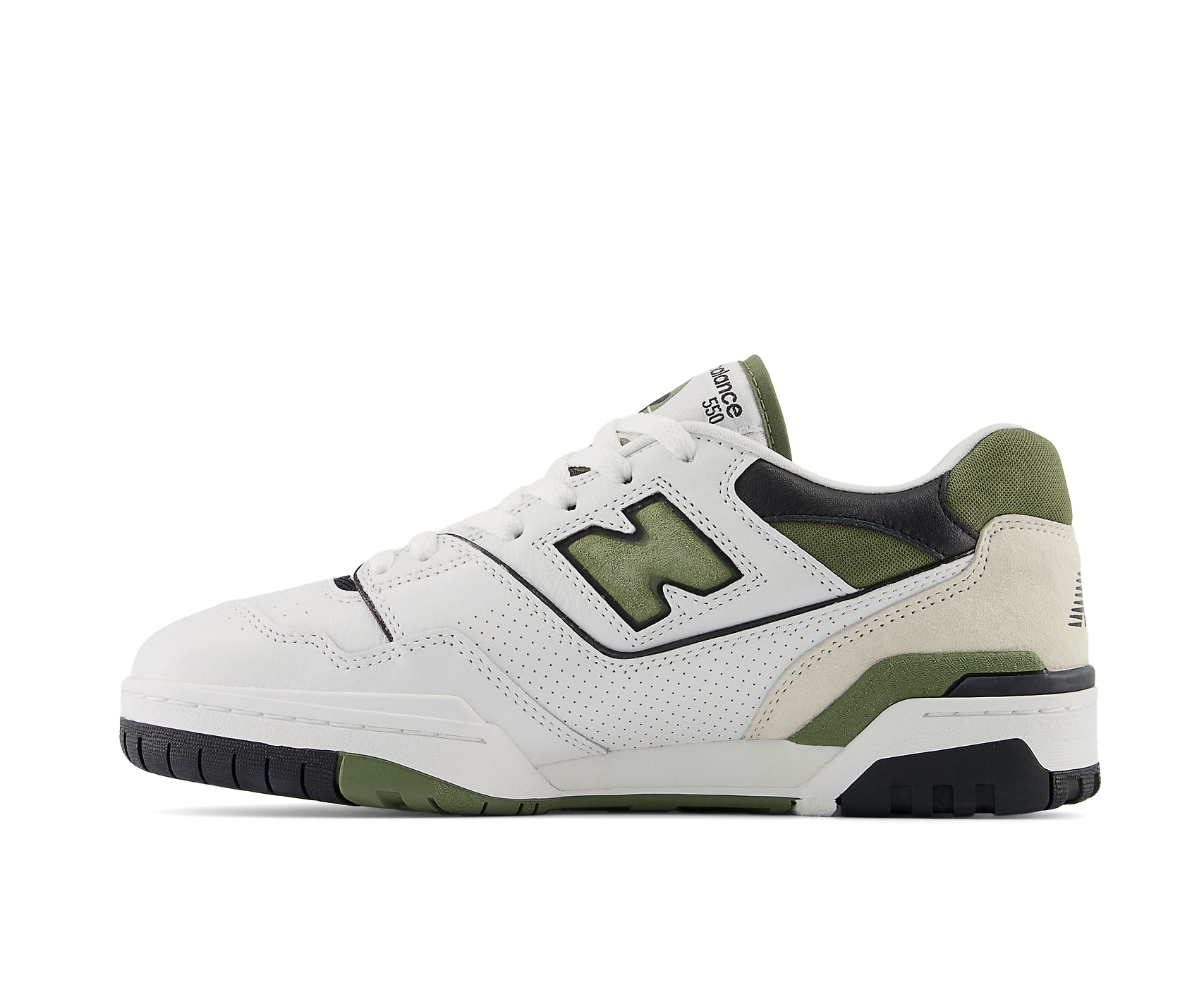 A white leather basketball sneaker with green and black accents from New Balance.