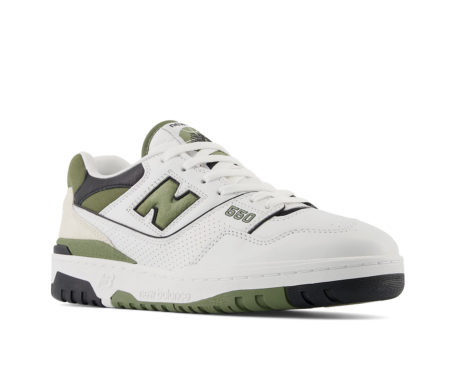 A white leather basketball sneaker with green and black accents from New Balance.