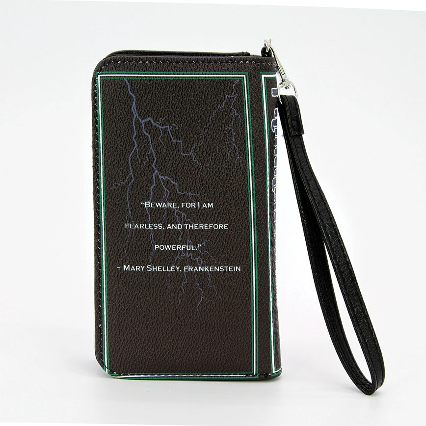 Rear view of a long, black wallet with a quote from Mary Shelley's Frankenstein. It reads: "Beware, for I am fearless, and therefore powerful."